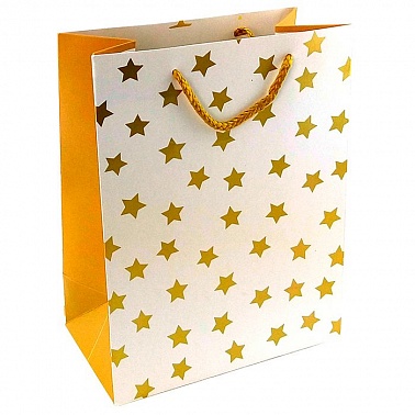 Пакет подар Золотые звезды на белом Тиснение фольгой 26*32*12см