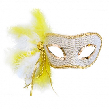 Маска венецианская "Карнавал" с перьями бело-желтая